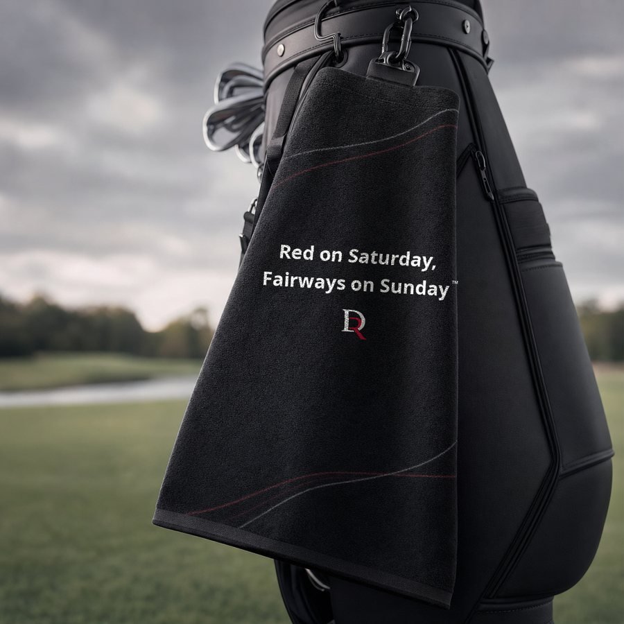 Red on Saturday, Fairways on Sunday™ Golf Towel mockup