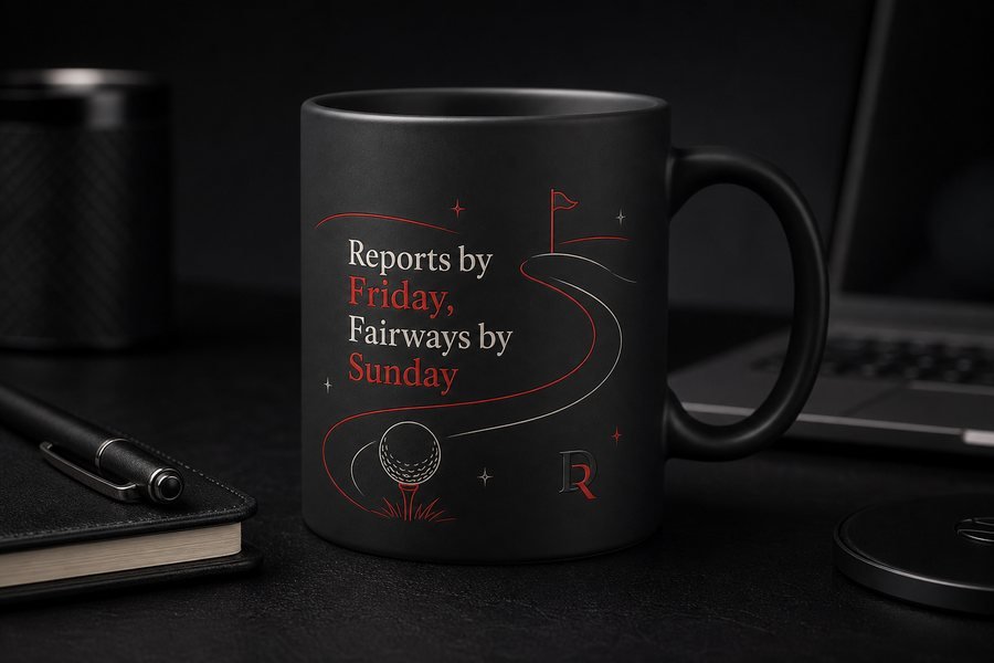 Reports by Friday, Fairways by Sunday Mug mockup